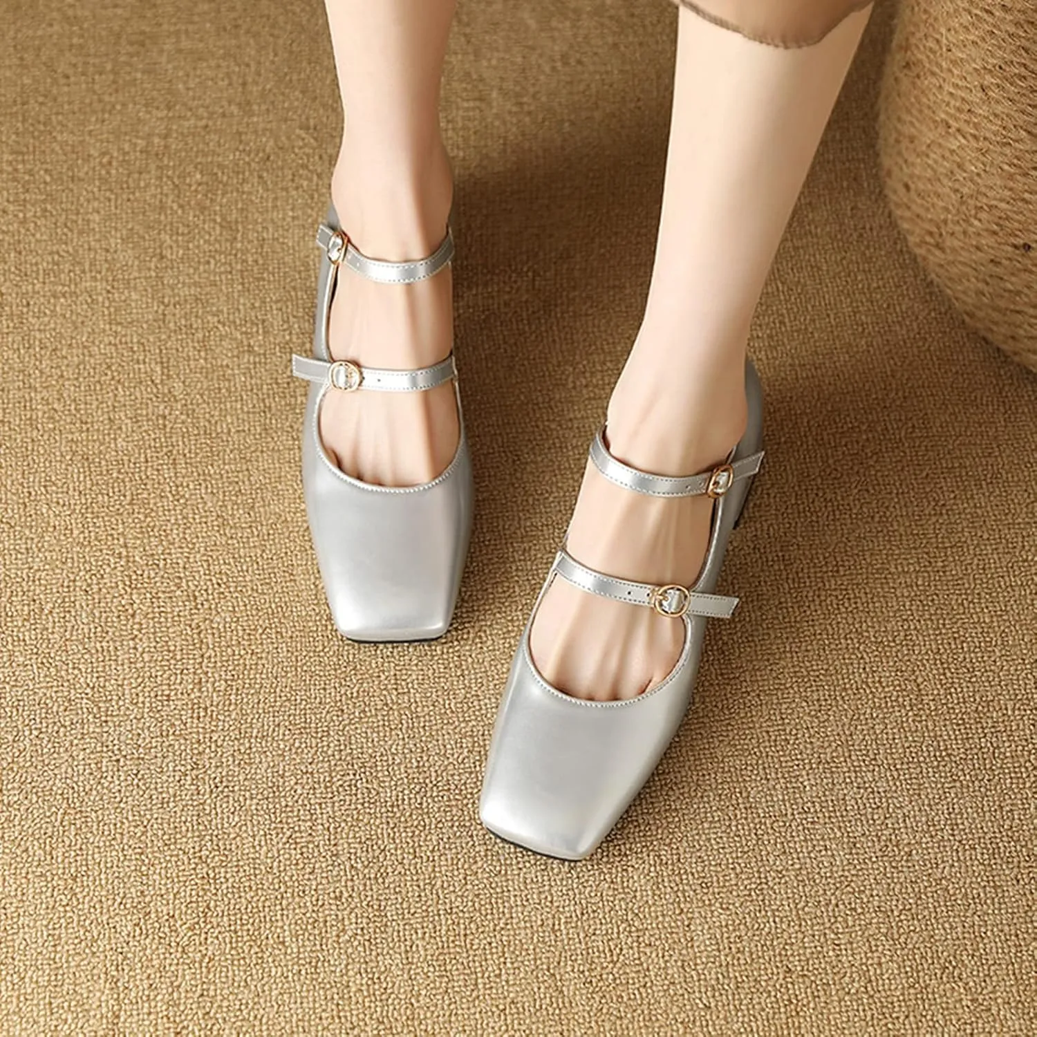 Women Doubled Monk-Strap Mary Jane Pumps Square Toe Patent Leather Chunky Block Heel Dress Shoes