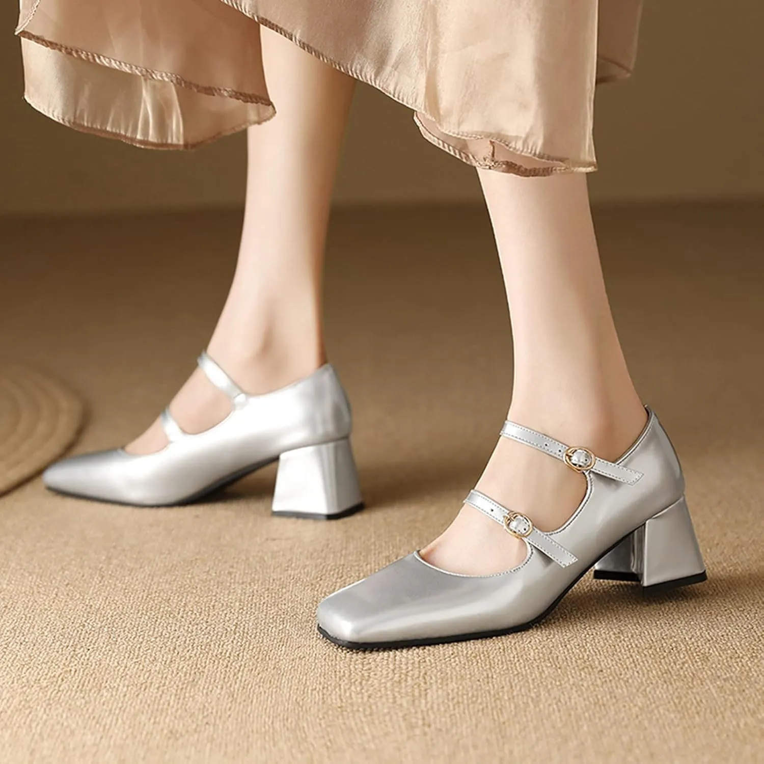 Women Doubled Monk-Strap Mary Jane Pumps Square Toe Patent Leather Chunky Block Heel Dress Shoes