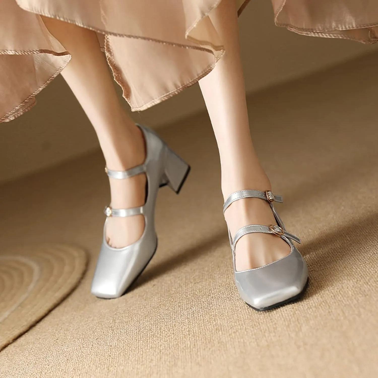 Women Doubled Monk-Strap Mary Jane Pumps Square Toe Patent Leather Chunky Block Heel Dress Shoes