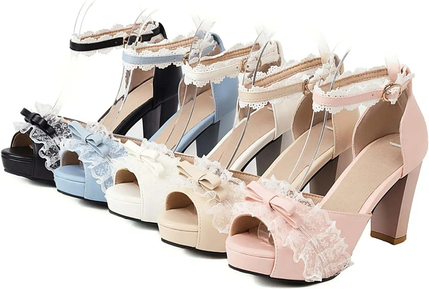 Women Fashion Little Bownot Lace D'Orsay Lolita Princess Single Shoes High Heels Ankle Strap Peep Toe Maid Mary Jane Pumps