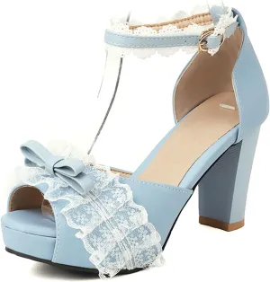 Women Fashion Little Bownot Lace D'Orsay Lolita Princess Single Shoes High Heels Ankle Strap Peep Toe Maid Mary Jane Pumps