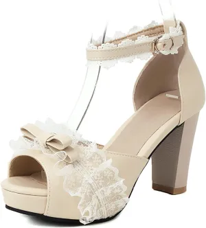Women Fashion Little Bownot Lace D'Orsay Lolita Princess Single Shoes High Heels Ankle Strap Peep Toe Maid Mary Jane Pumps