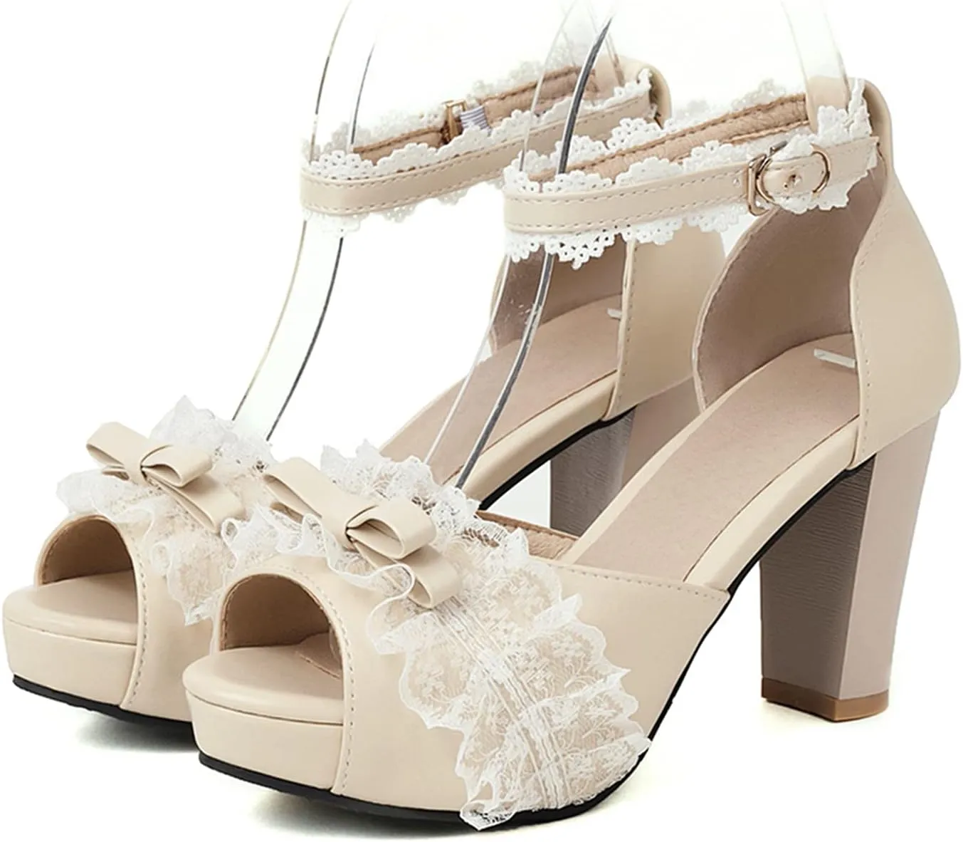 Women Fashion Little Bownot Lace D'Orsay Lolita Princess Single Shoes High Heels Ankle Strap Peep Toe Maid Mary Jane Pumps