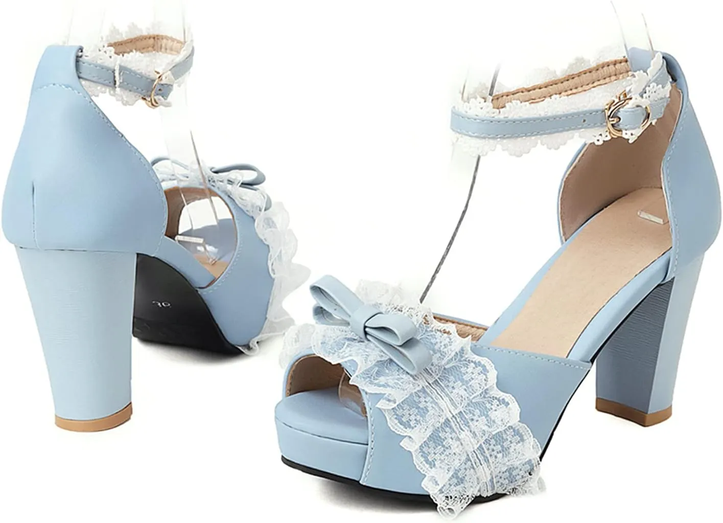 Women Fashion Little Bownot Lace D'Orsay Lolita Princess Single Shoes High Heels Ankle Strap Peep Toe Maid Mary Jane Pumps