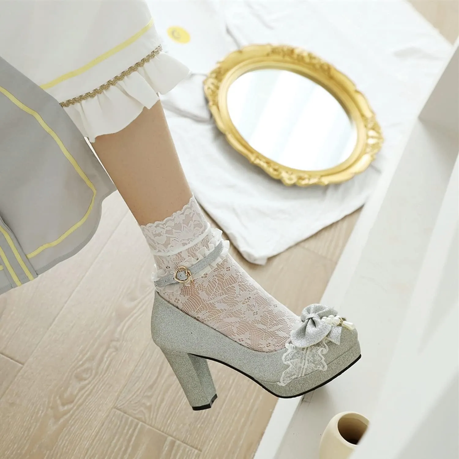 Women Fashion Sweet Bownot Lace Pearl Decoration Sequins Lolita Princess Single Shoes High Heels Ankle Strap Maid Mary Jane Pumps