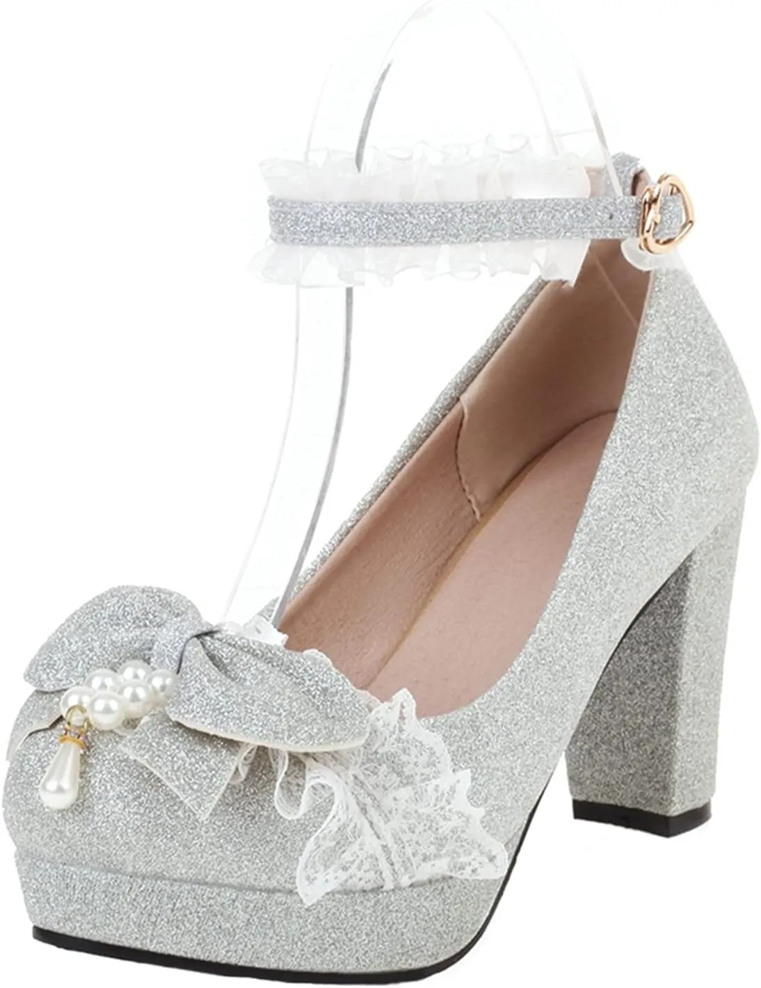 Women Fashion Sweet Bownot Lace Pearl Decoration Sequins Lolita Princess Single Shoes High Heels Ankle Strap Maid Mary Jane Pumps