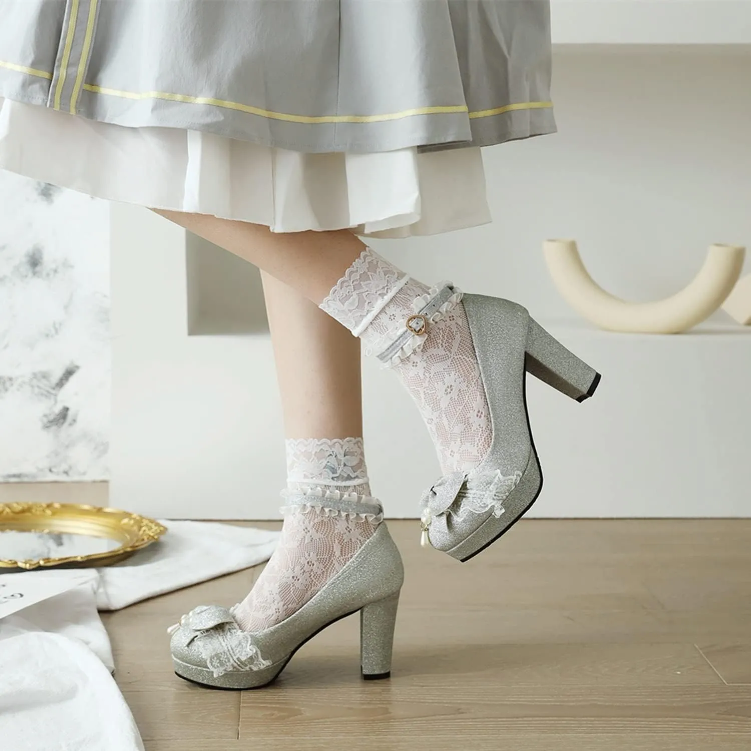 Women Fashion Sweet Bownot Lace Pearl Decoration Sequins Lolita Princess Single Shoes High Heels Ankle Strap Maid Mary Jane Pumps