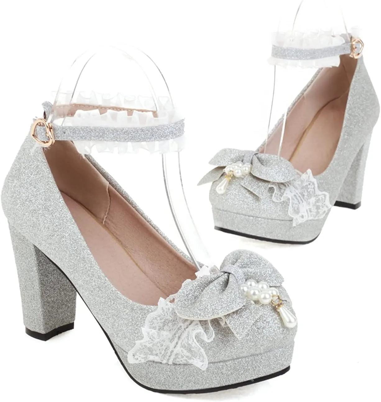 Women Fashion Sweet Bownot Lace Pearl Decoration Sequins Lolita Princess Single Shoes High Heels Ankle Strap Maid Mary Jane Pumps