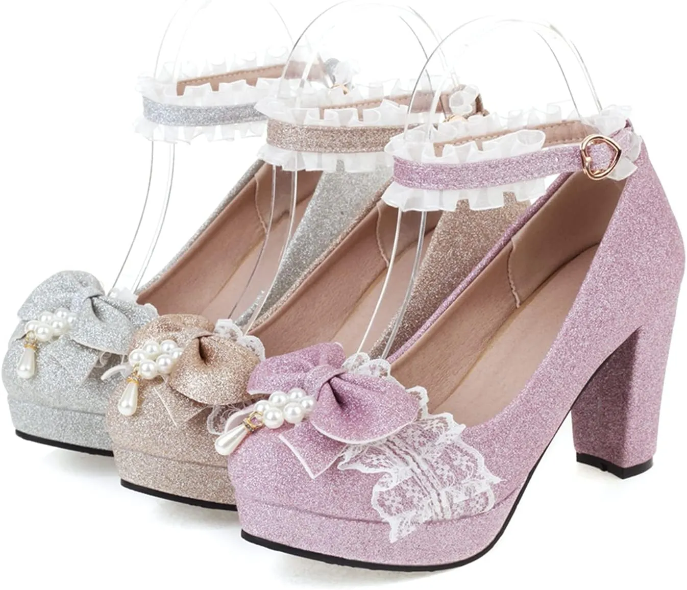 Women Fashion Sweet Bownot Lace Pearl Decoration Sequins Lolita Princess Single Shoes High Heels Ankle Strap Maid Mary Jane Pumps