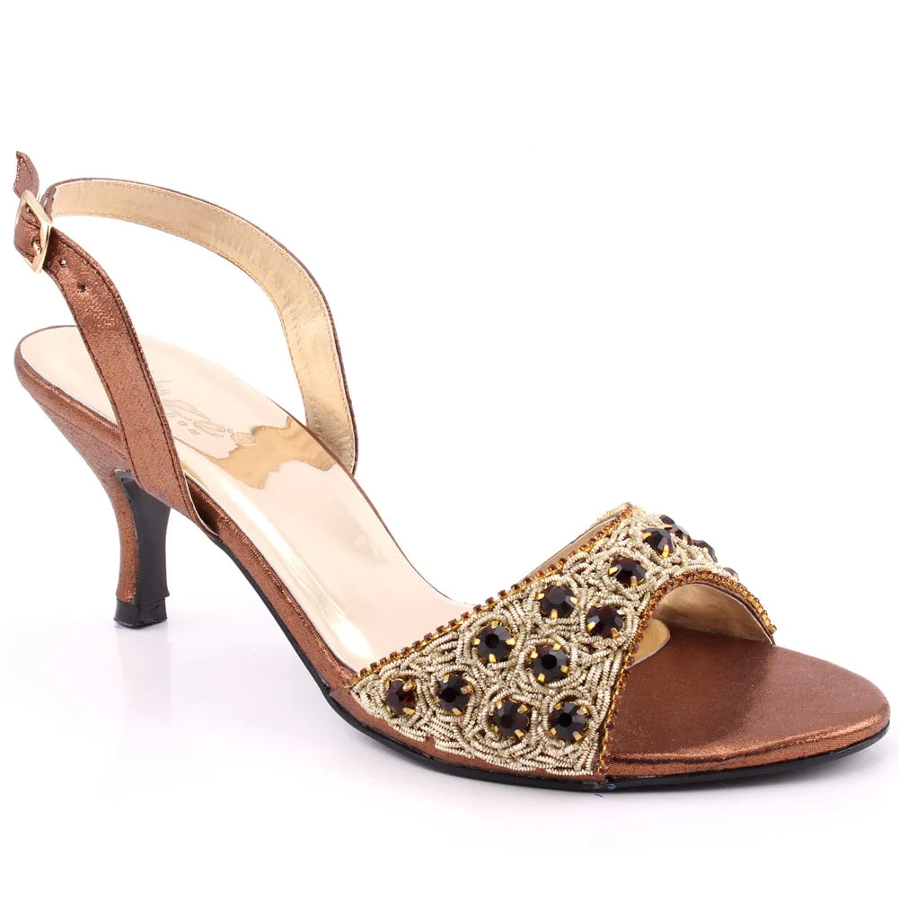 Women “FIA” Studs Decorated Shimmer Kitten Heel Buckle Closure Sandals