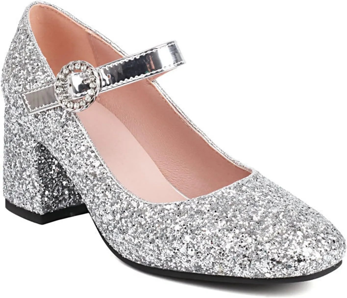 Women Glitter Sequins Mary Jane Pumps Ankle Strap Square Toe Block Heel Wedding Dress Evening Shoes