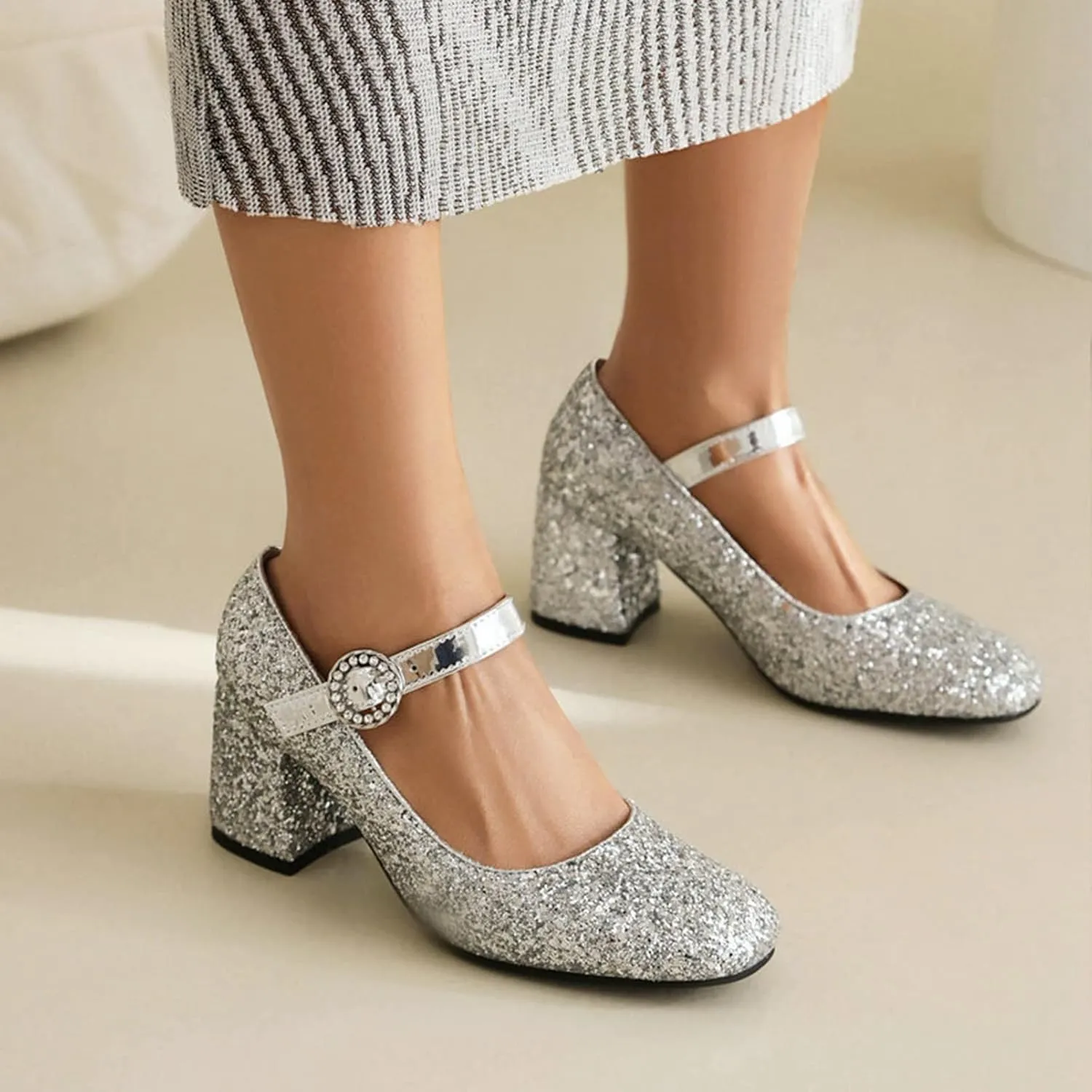 Women Glitter Sequins Mary Jane Pumps Ankle Strap Square Toe Block Heel Wedding Dress Evening Shoes