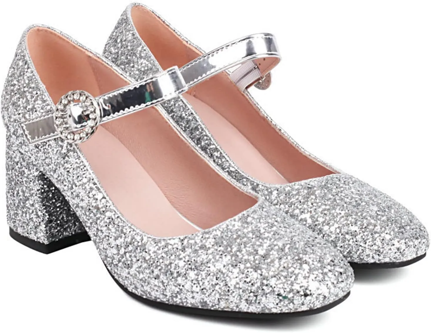 Women Glitter Sequins Mary Jane Pumps Ankle Strap Square Toe Block Heel Wedding Dress Evening Shoes