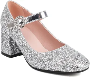 Women Glitter Sequins Mary Jane Pumps Ankle Strap Square Toe Block Heel Wedding Dress Evening Shoes