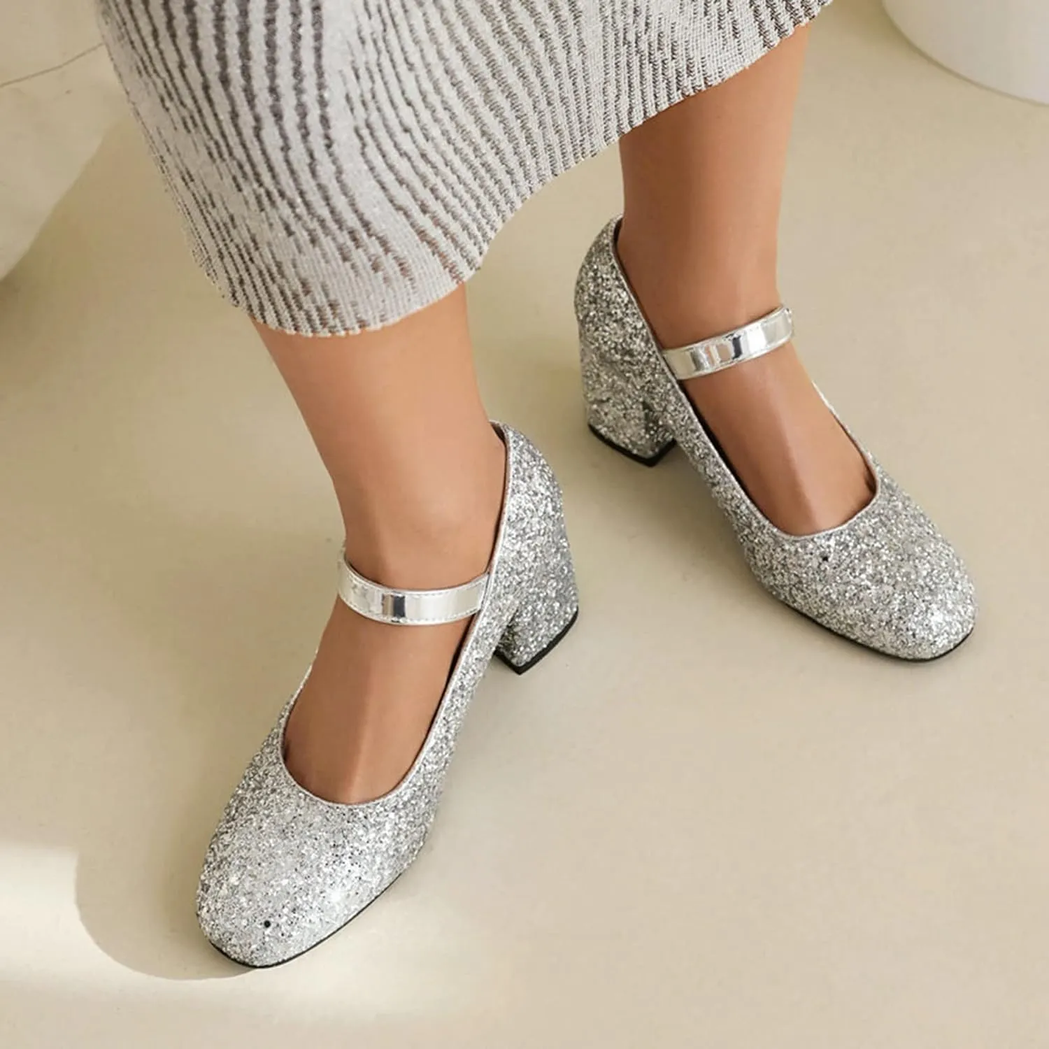 Women Glitter Sequins Mary Jane Pumps Ankle Strap Square Toe Block Heel Wedding Dress Evening Shoes