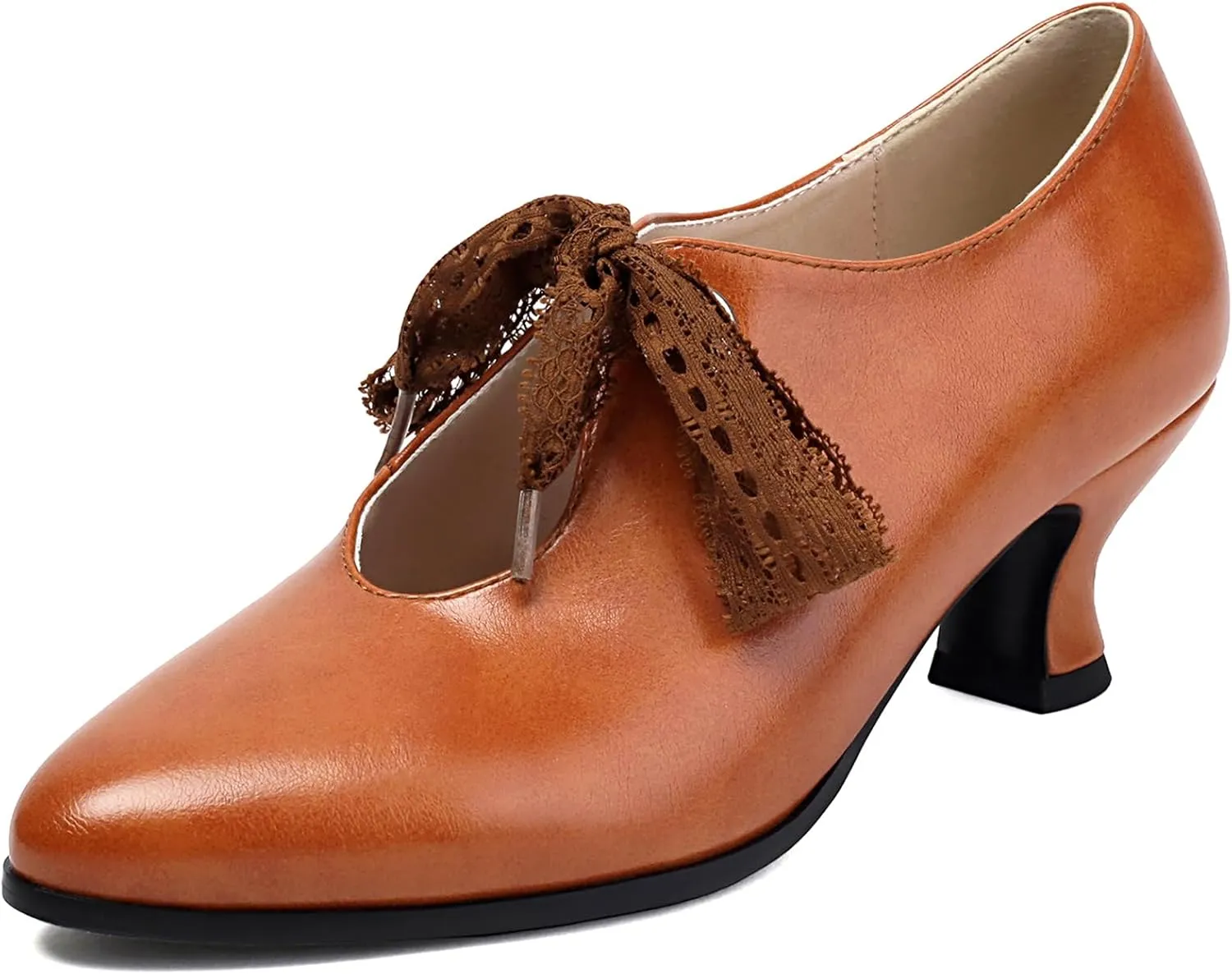 Women Kitten Heel Court Shoes Lace Up Mid Heel