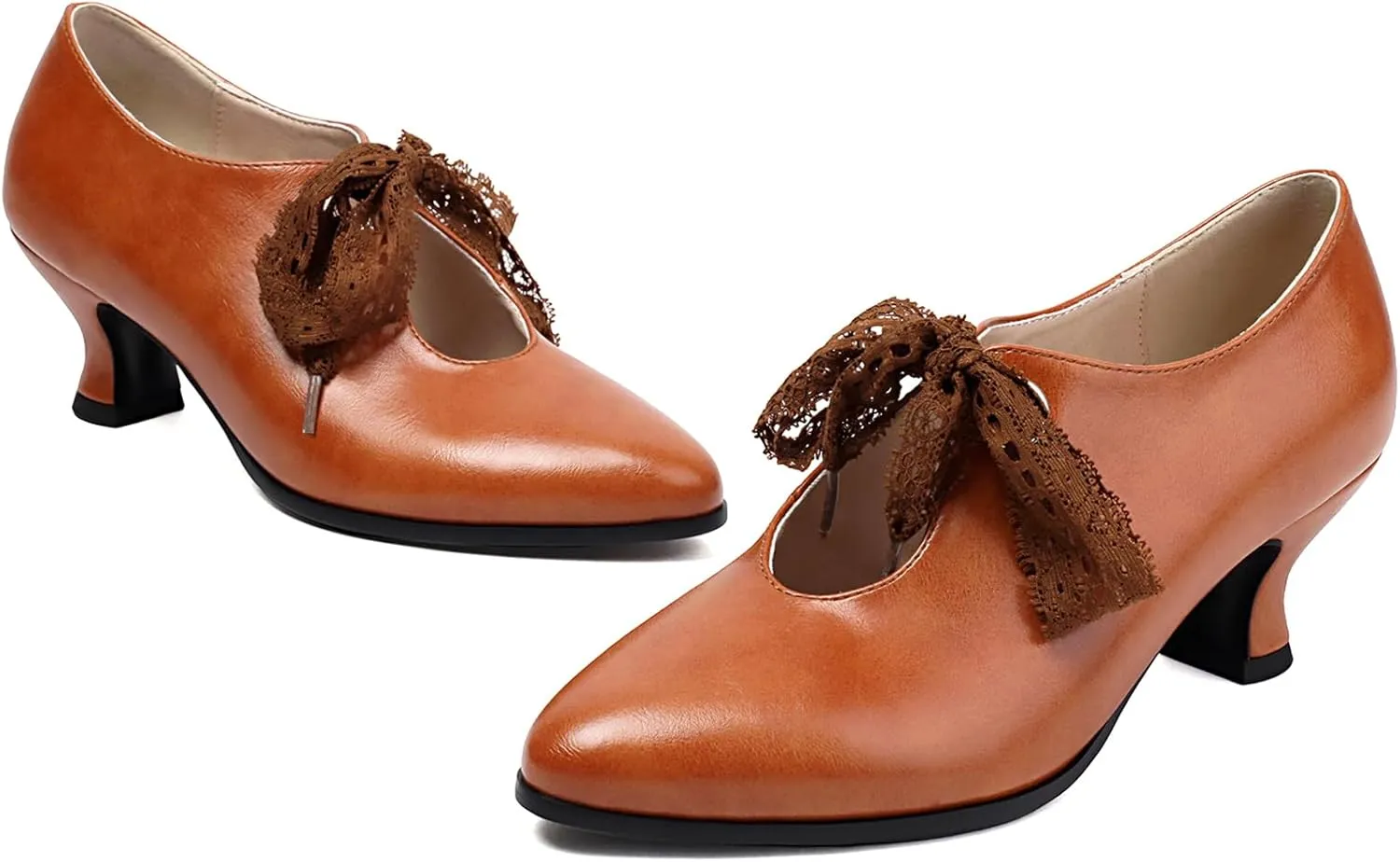 Women Kitten Heel Court Shoes Lace Up Mid Heel