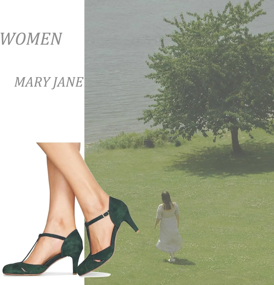 Women Kitten Heels Mary Jane Pumps Shoes Ankle T-Strap Closed Round Toe Sandals Heeled Cut Out Suede Mary Janes Dress Shoe Mid Thin Heel Patchwork Office Ladies Wedding Party Dance 4-11 M US