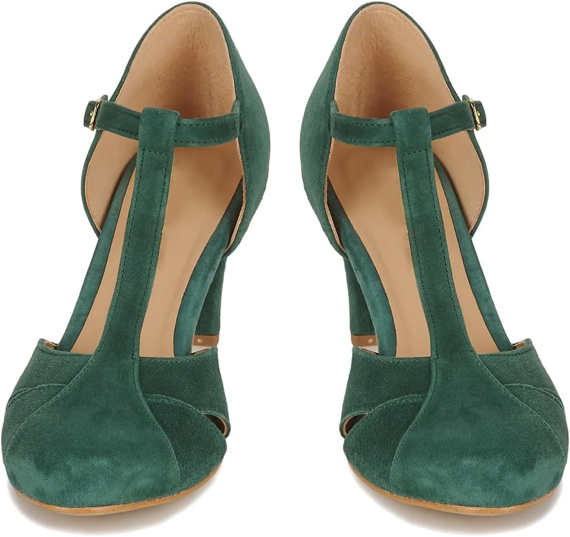 Women Kitten Heels Mary Jane Pumps Shoes Ankle T-Strap Closed Round Toe Sandals Heeled Cut Out Suede Mary Janes Dress Shoe Mid Thin Heel Patchwork Office Ladies Wedding Party Dance 4-11 M US