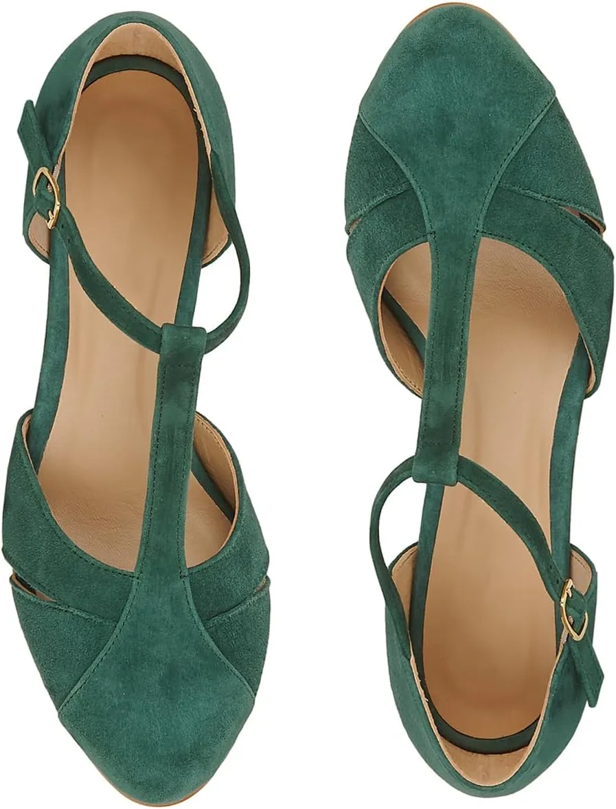 Women Kitten Heels Mary Jane Pumps Shoes Ankle T-Strap Closed Round Toe Sandals Heeled Cut Out Suede Mary Janes Dress Shoe Mid Thin Heel Patchwork Office Ladies Wedding Party Dance 4-11 M US