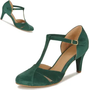 Women Kitten Heels Mary Jane Pumps Shoes Ankle T-Strap Closed Round Toe Sandals Heeled Cut Out Suede Mary Janes Dress Shoe Mid Thin Heel Patchwork Office Ladies Wedding Party Dance 4-11 M US