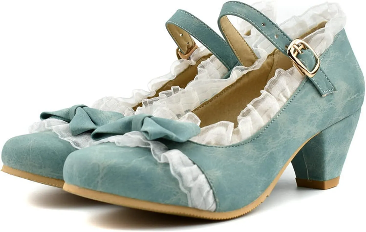 Women Mary Janes Cute Lolita Shoes Ladies Ankle Strap Bow Lace Round Toe Block Mid Heel Dress Pumps