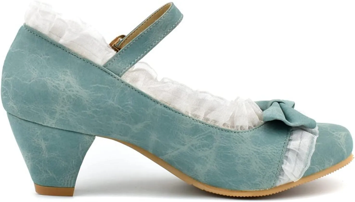 Women Mary Janes Cute Lolita Shoes Ladies Ankle Strap Bow Lace Round Toe Block Mid Heel Dress Pumps