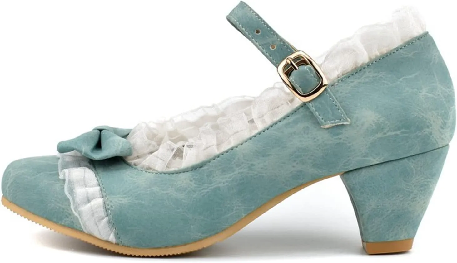 Women Mary Janes Cute Lolita Shoes Ladies Ankle Strap Bow Lace Round Toe Block Mid Heel Dress Pumps