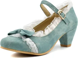 Women Mary Janes Cute Lolita Shoes Ladies Ankle Strap Bow Lace Round Toe Block Mid Heel Dress Pumps