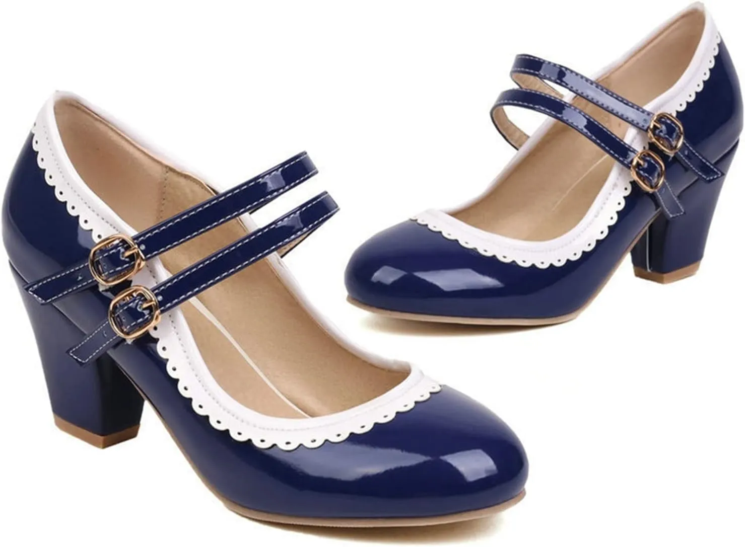 Women Round Toe Mary Jane Pumps Chunky Block High Heel Double Ankle Strap Sweet Dress Dating Shoes