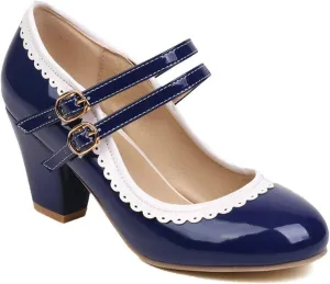 Women Round Toe Mary Jane Pumps Chunky Block High Heel Double Ankle Strap Sweet Dress Dating Shoes