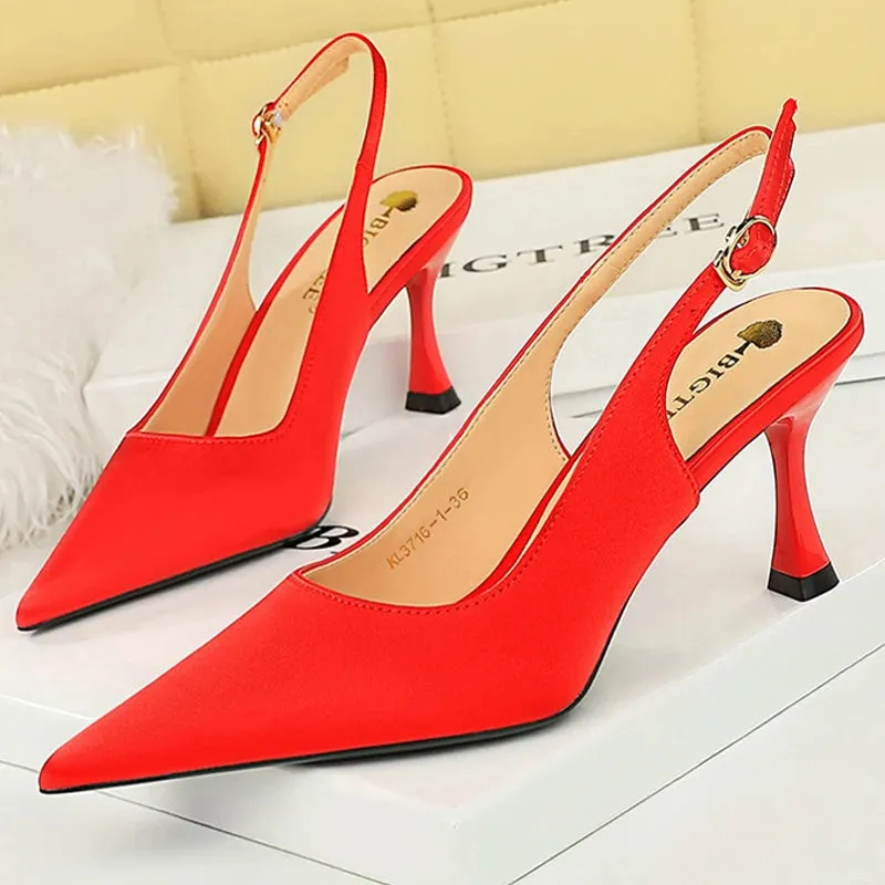 Women Sandals Pointed Kitten Heels Lady Summer Shoes Silks Satins Women