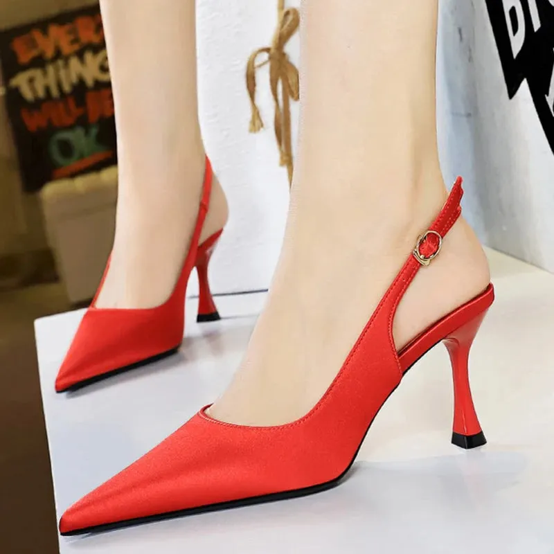 Women Sandals Pointed Kitten Heels Lady Summer Shoes Silks Satins Women