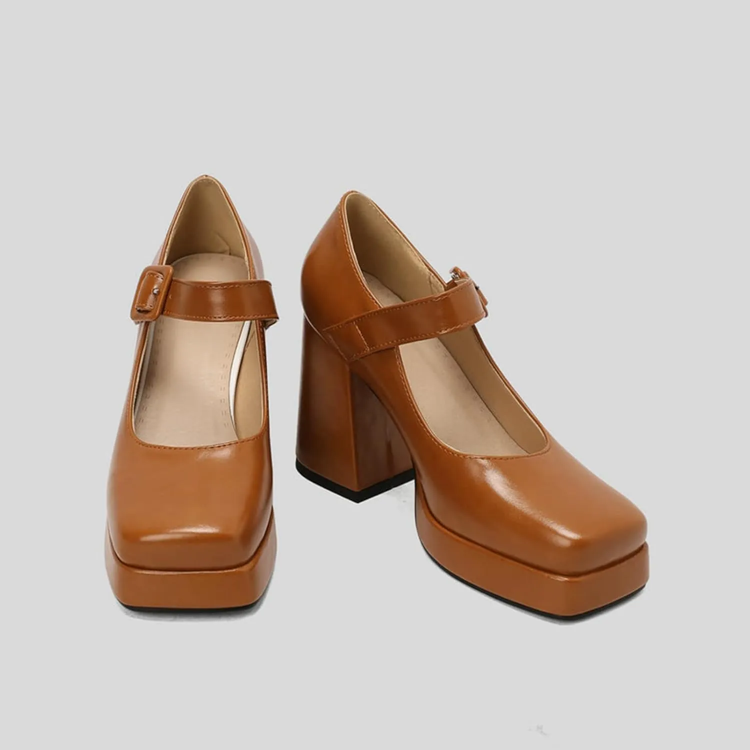 Women Square Toe Heeled Mary Jane Shoes Platform Chunky High Heel Retro Ankle Strap Uniform Pumps