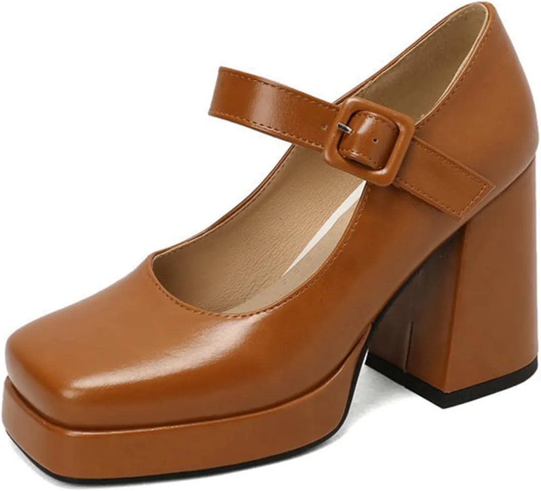 Women Square Toe Heeled Mary Jane Shoes Platform Chunky High Heel Retro Ankle Strap Uniform Pumps