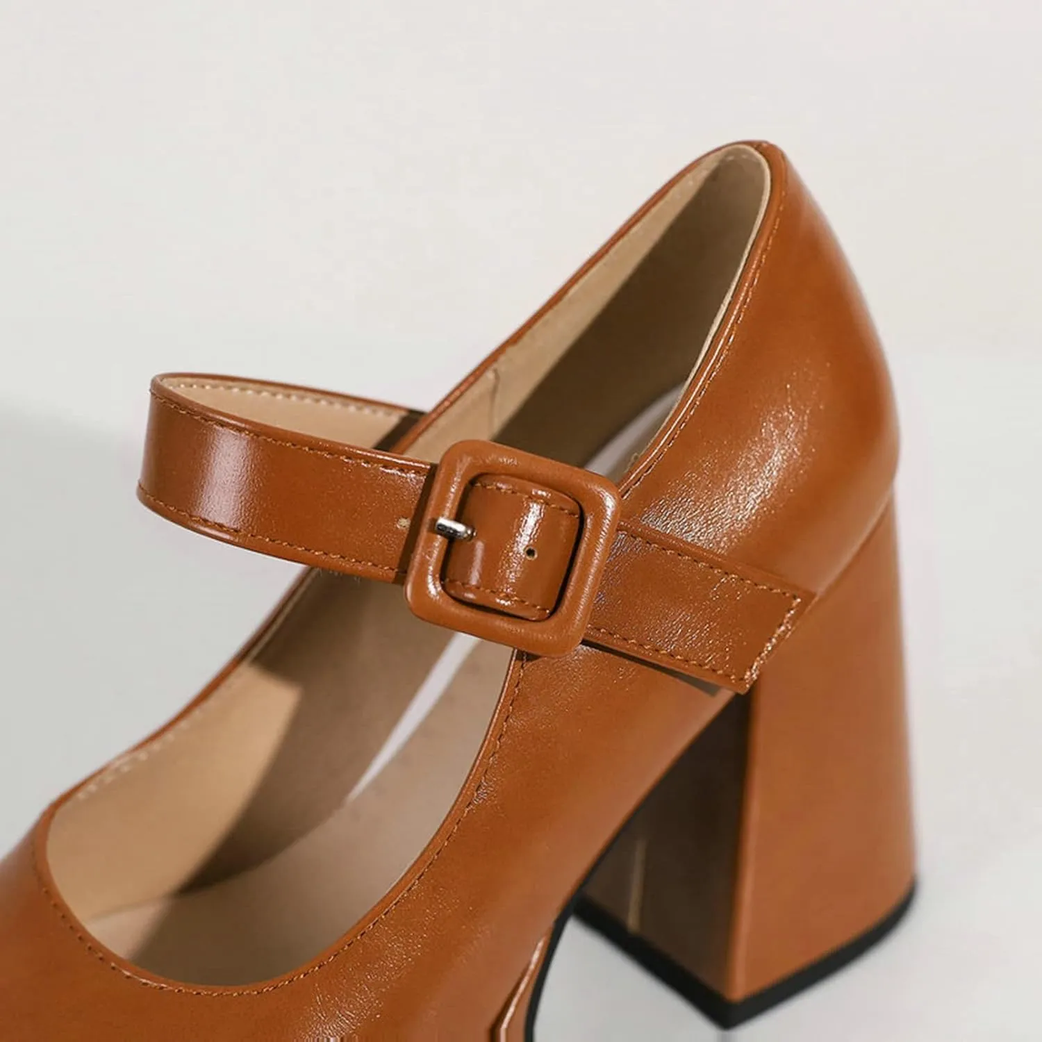 Women Square Toe Heeled Mary Jane Shoes Platform Chunky High Heel Retro Ankle Strap Uniform Pumps