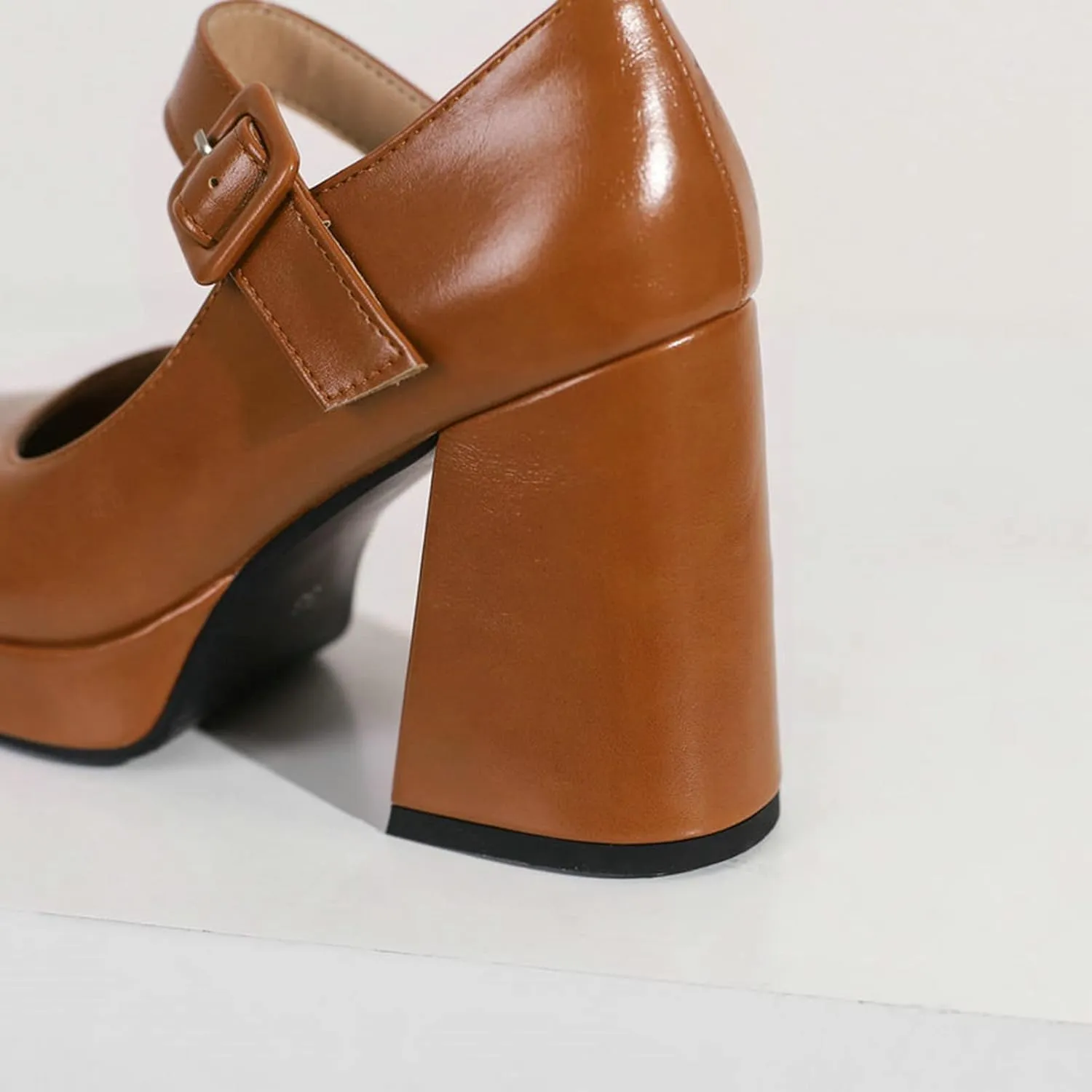Women Square Toe Heeled Mary Jane Shoes Platform Chunky High Heel Retro Ankle Strap Uniform Pumps