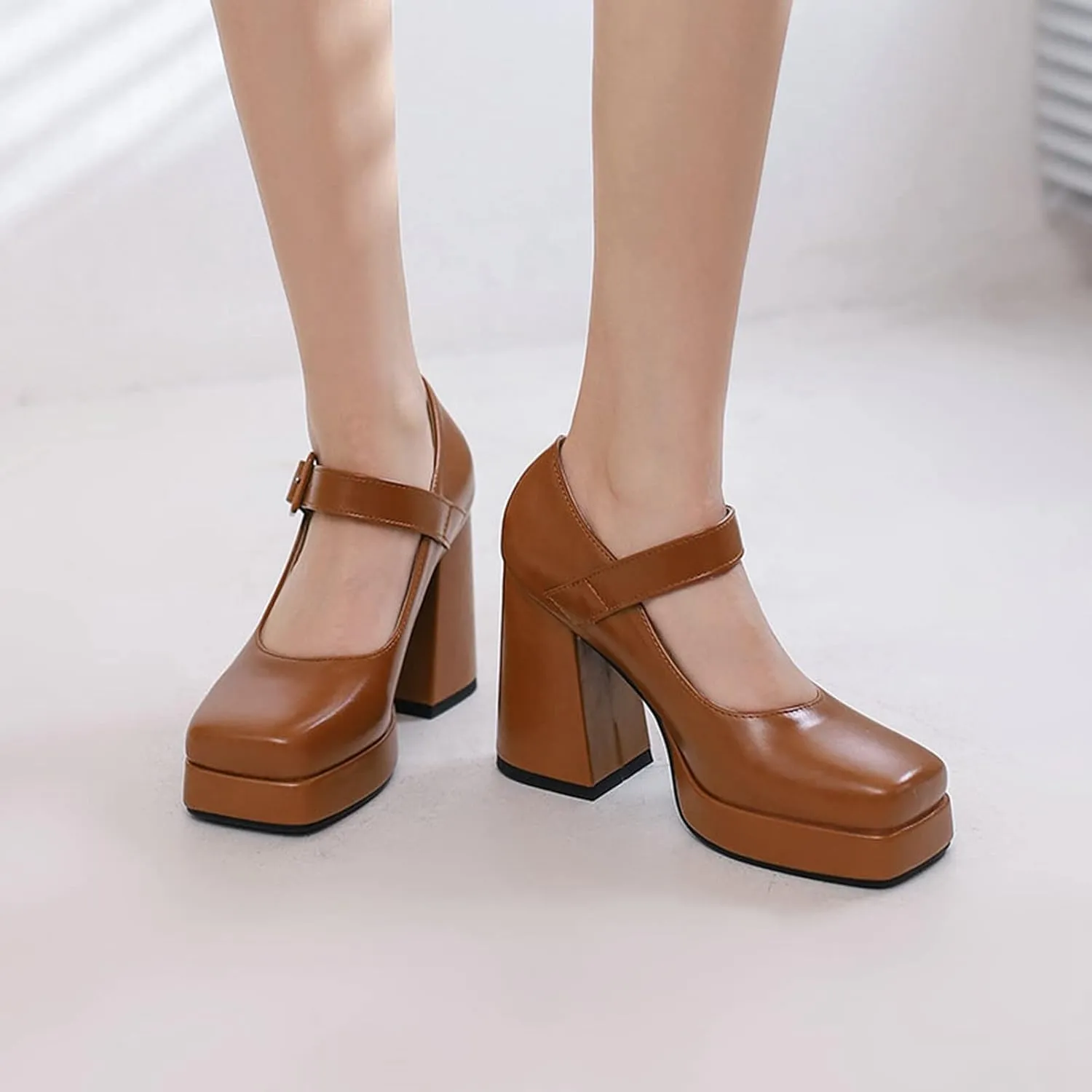 Women Square Toe Heeled Mary Jane Shoes Platform Chunky High Heel Retro Ankle Strap Uniform Pumps