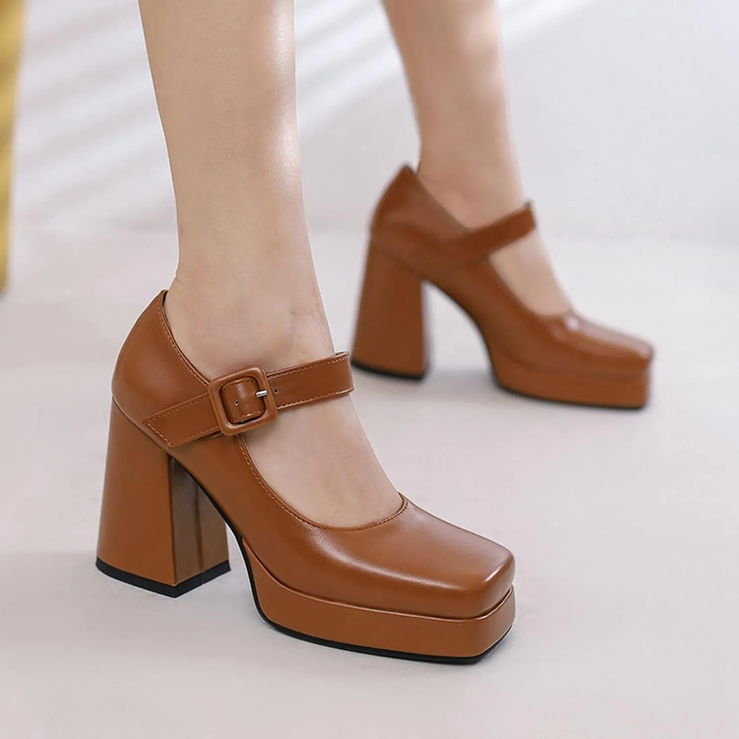 Women Square Toe Heeled Mary Jane Shoes Platform Chunky High Heel Retro Ankle Strap Uniform Pumps