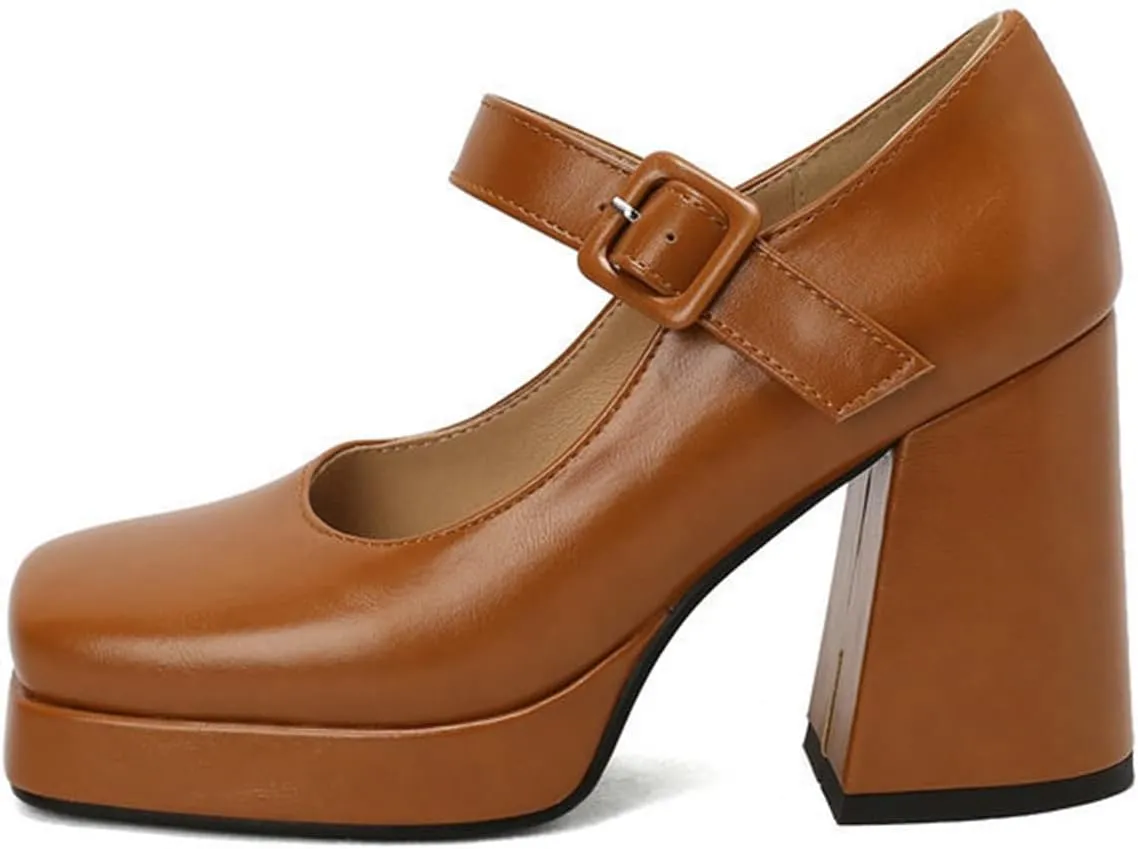 Women Square Toe Heeled Mary Jane Shoes Platform Chunky High Heel Retro Ankle Strap Uniform Pumps