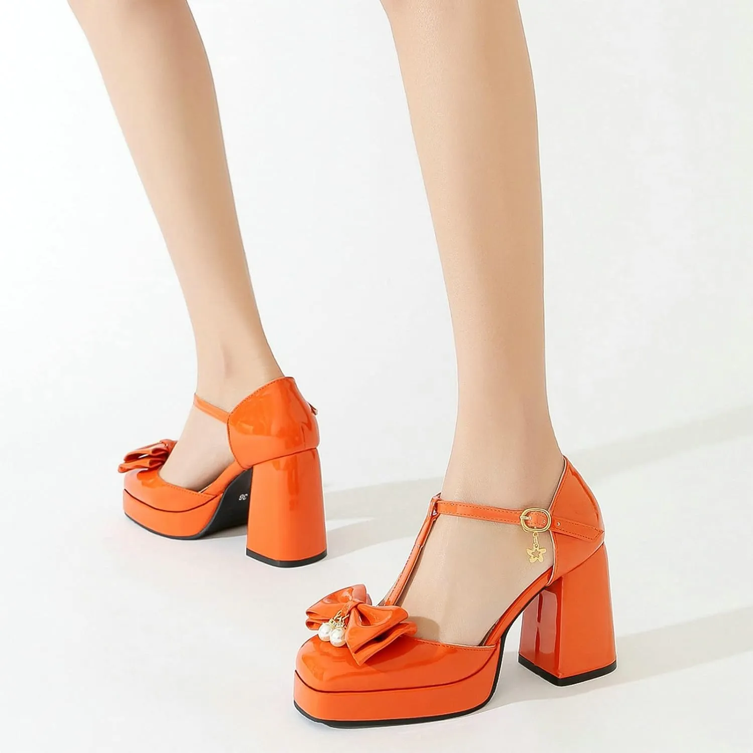 Women T Strap Mary Janes Platform Square Toe Bow Pumps Block High Heel Ankle Strap Lolita Shoes