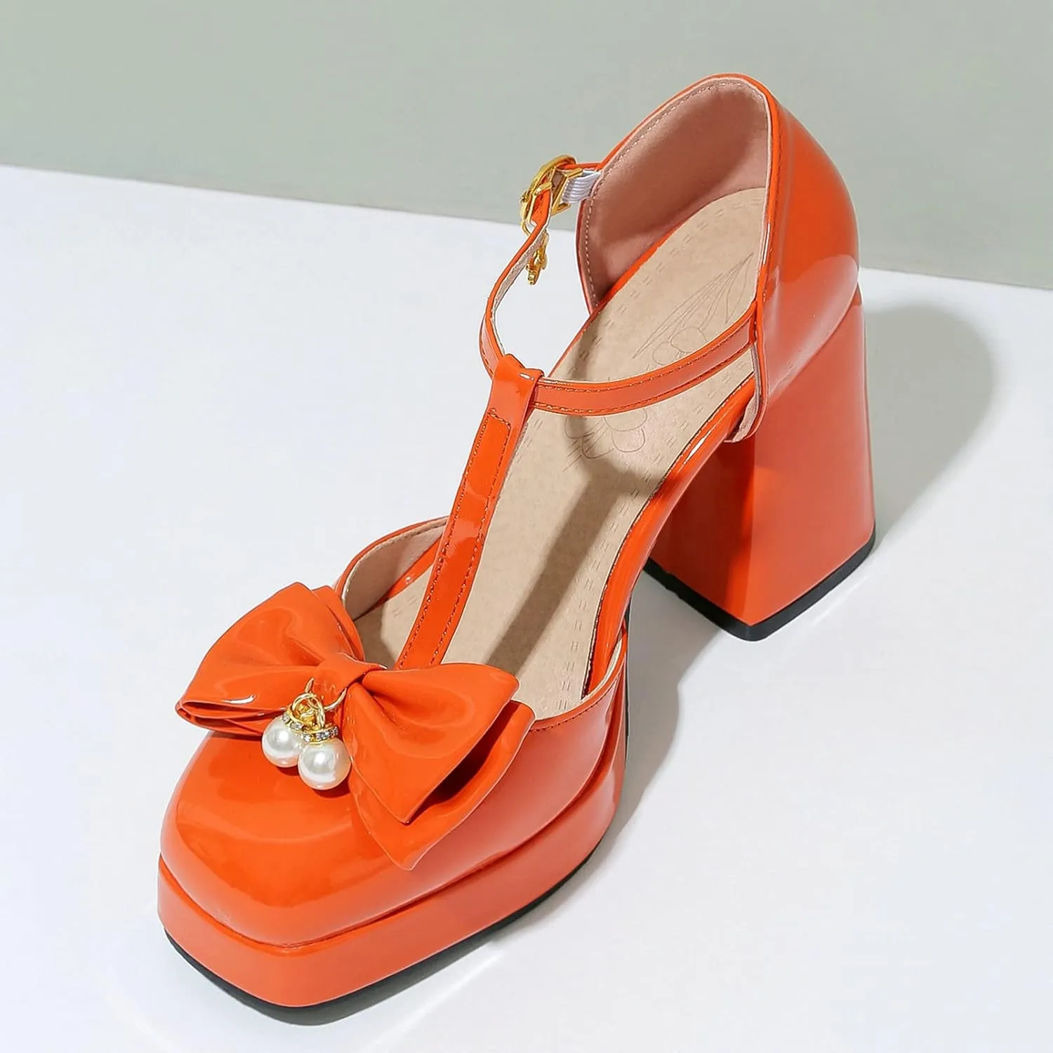 Women T Strap Mary Janes Platform Square Toe Bow Pumps Block High Heel Ankle Strap Lolita Shoes