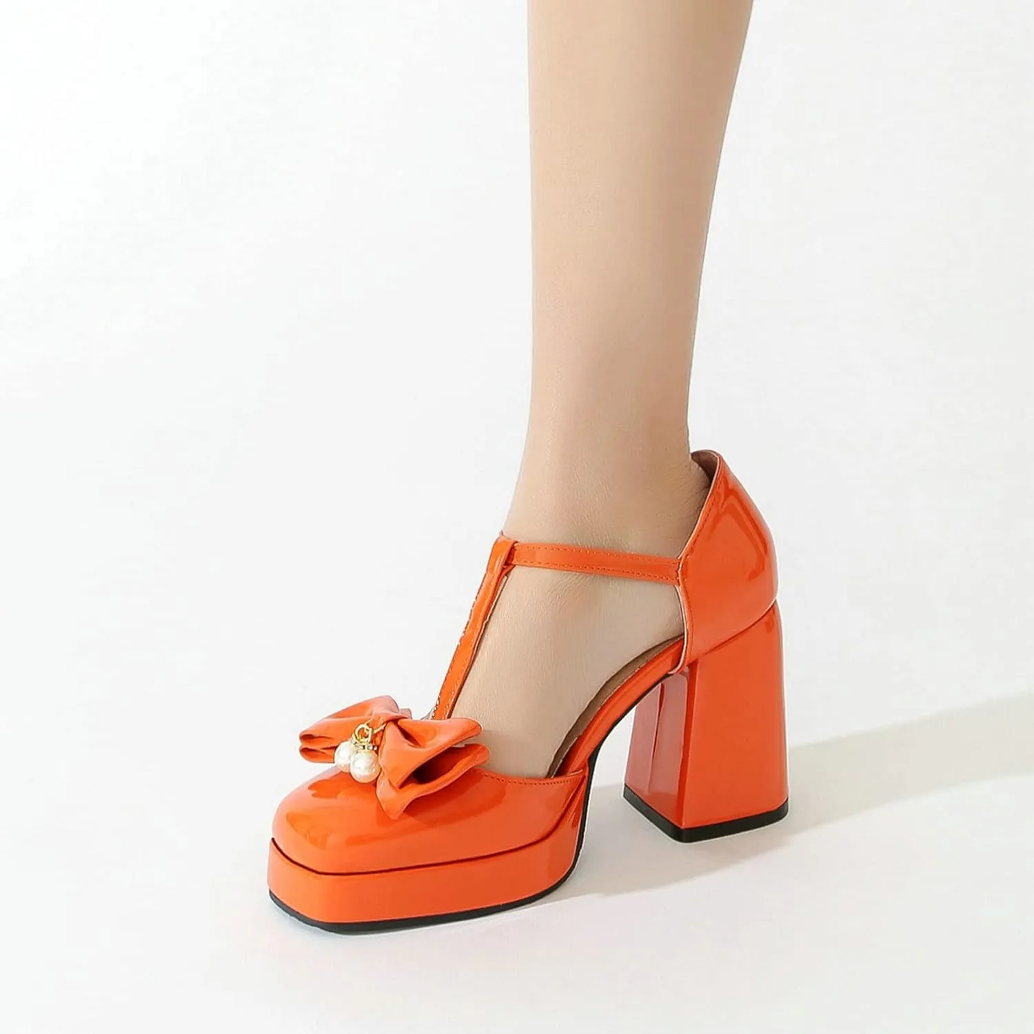 Women T Strap Mary Janes Platform Square Toe Bow Pumps Block High Heel Ankle Strap Lolita Shoes