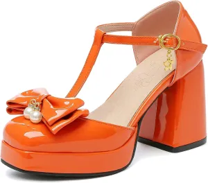 Women T Strap Mary Janes Platform Square Toe Bow Pumps Block High Heel Ankle Strap Lolita Shoes