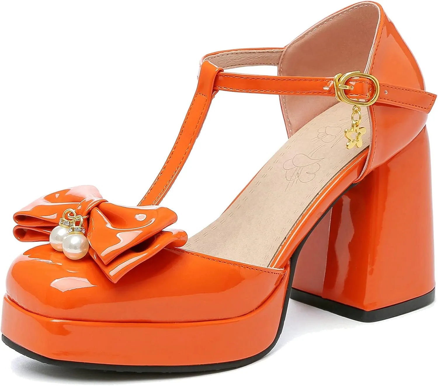 Women T Strap Mary Janes Platform Square Toe Bow Pumps Block High Heel Ankle Strap Lolita Shoes