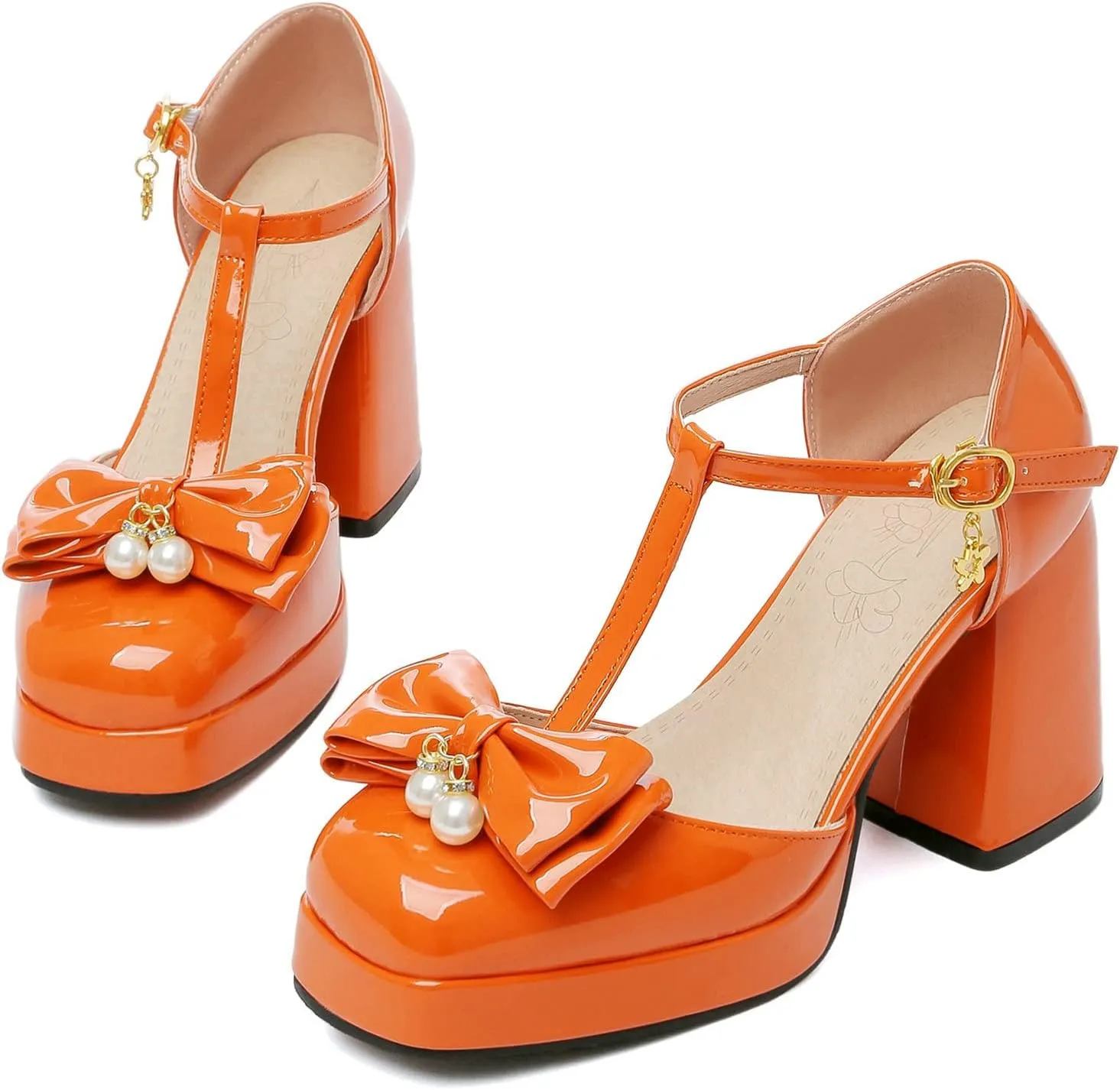 Women T Strap Mary Janes Platform Square Toe Bow Pumps Block High Heel Ankle Strap Lolita Shoes