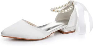 Women's Ankle Strap Pumps with Pearls, Pointed Toe, 3" Heel, White