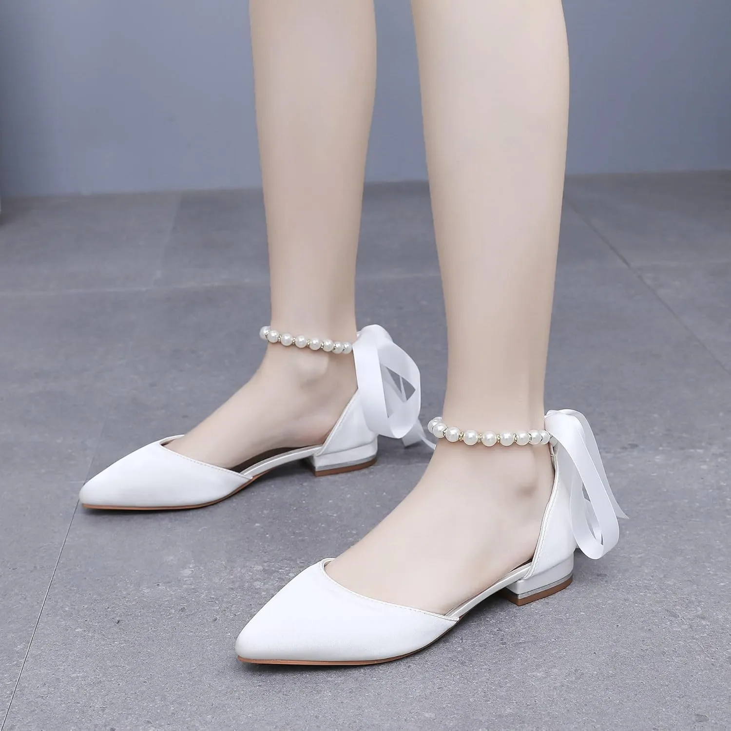 Women's Ankle Strap Pumps with Pearls, Pointed Toe, 3" Heel, White
