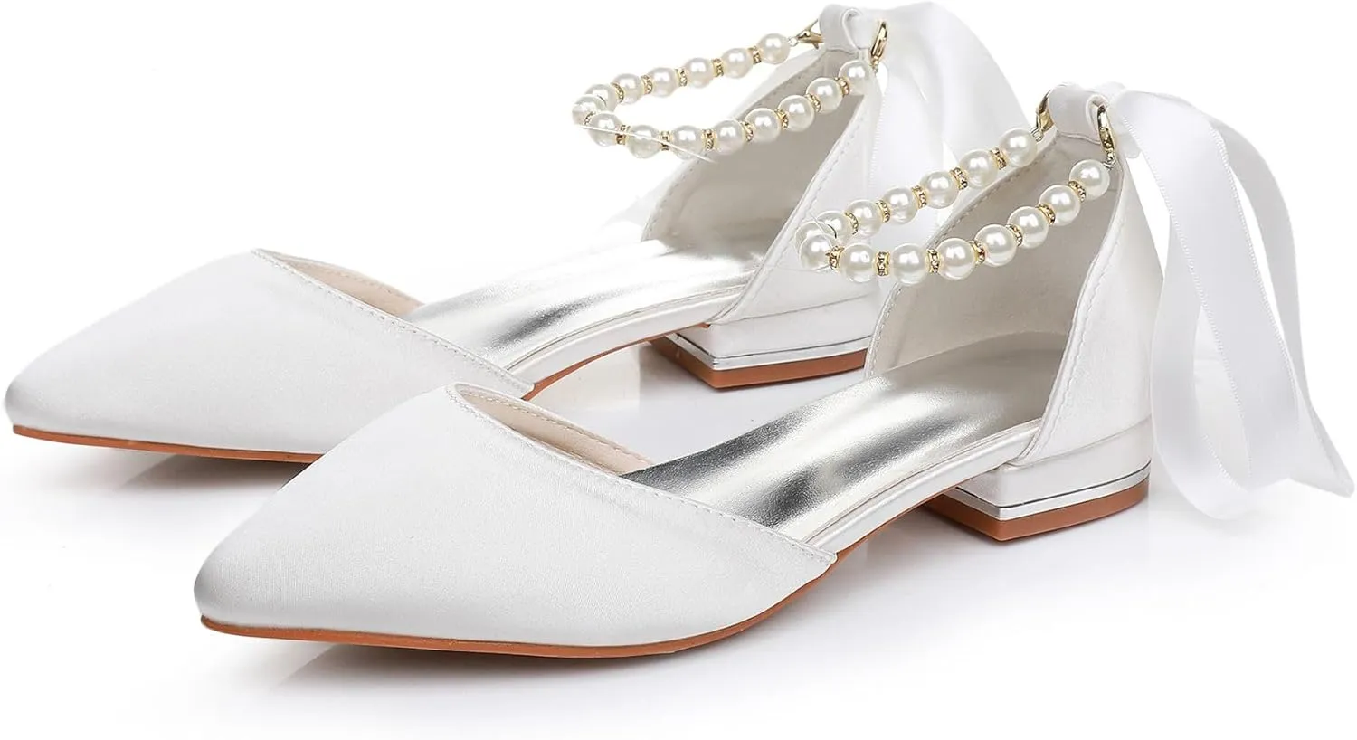 Women's Ankle Strap Pumps with Pearls, Pointed Toe, 3" Heel, White