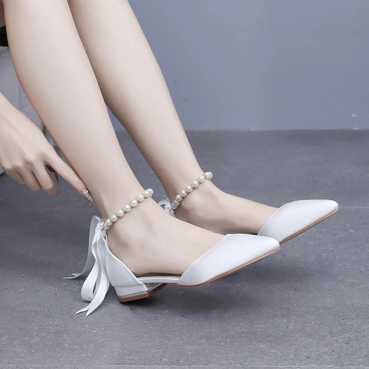 Women's Ankle Strap Pumps with Pearls, Pointed Toe, 3" Heel, White